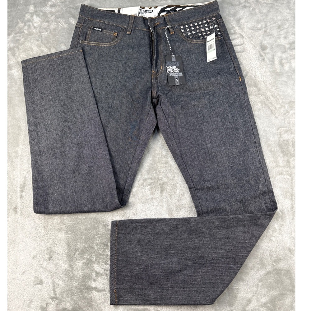 Trukfit Mens Slim Straight Studded Raw Indigo Denim Jeans Size 34 NEW